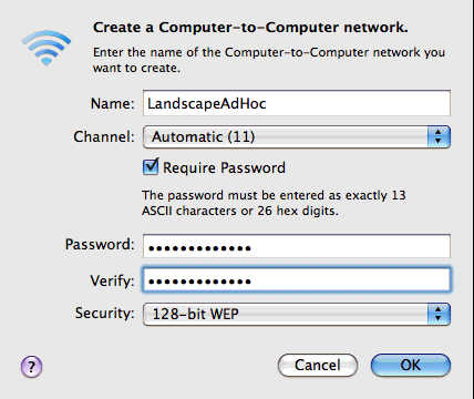 System Preferences - Network - Create Network ... in Mac OS 10.5