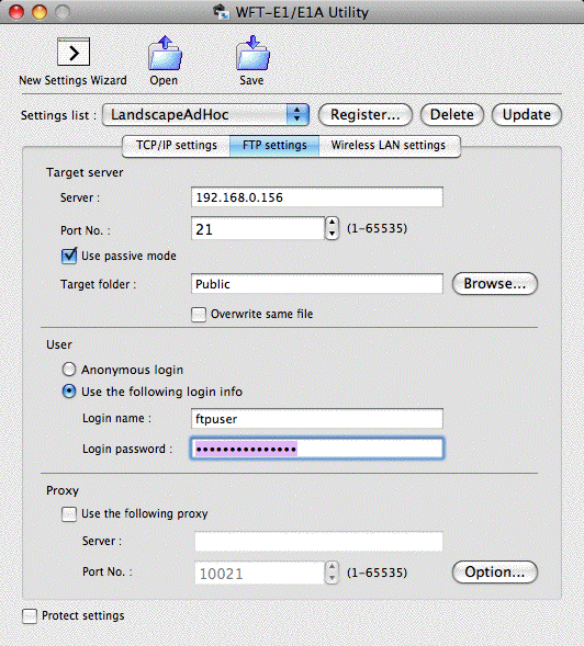 WFT-E1 Utility version 3.3 - FTP Settings